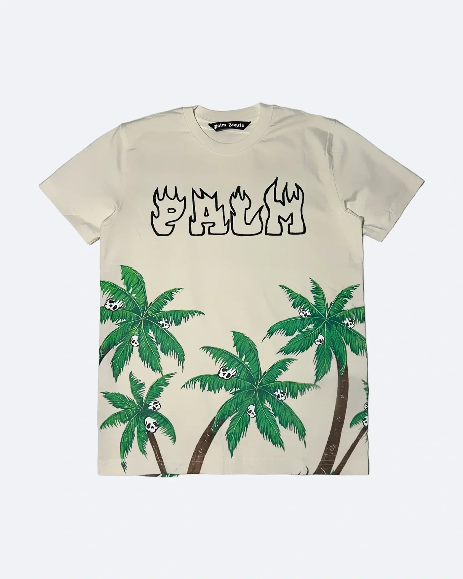 Palm Angels – tričko s potiskem Palms & Skulls ve vintage stylu – špinavě bílé