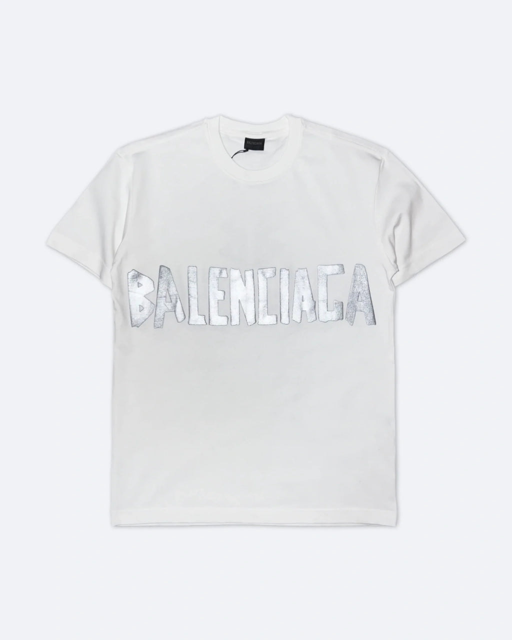Balenciaga – stříbrné tričko s lepicí páskou – bílé