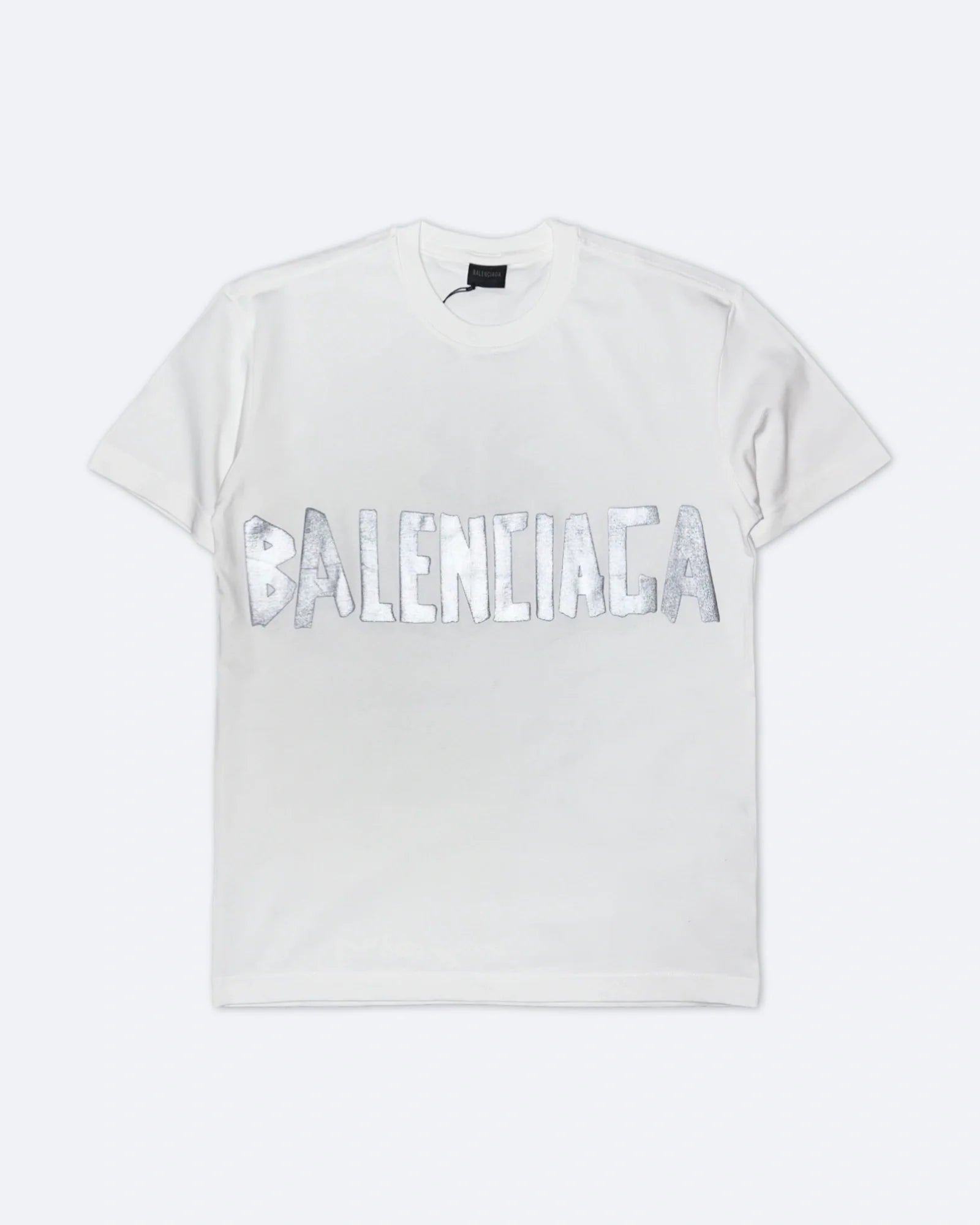 Balenciaga – stříbrné tričko s lepicí páskou – bílé