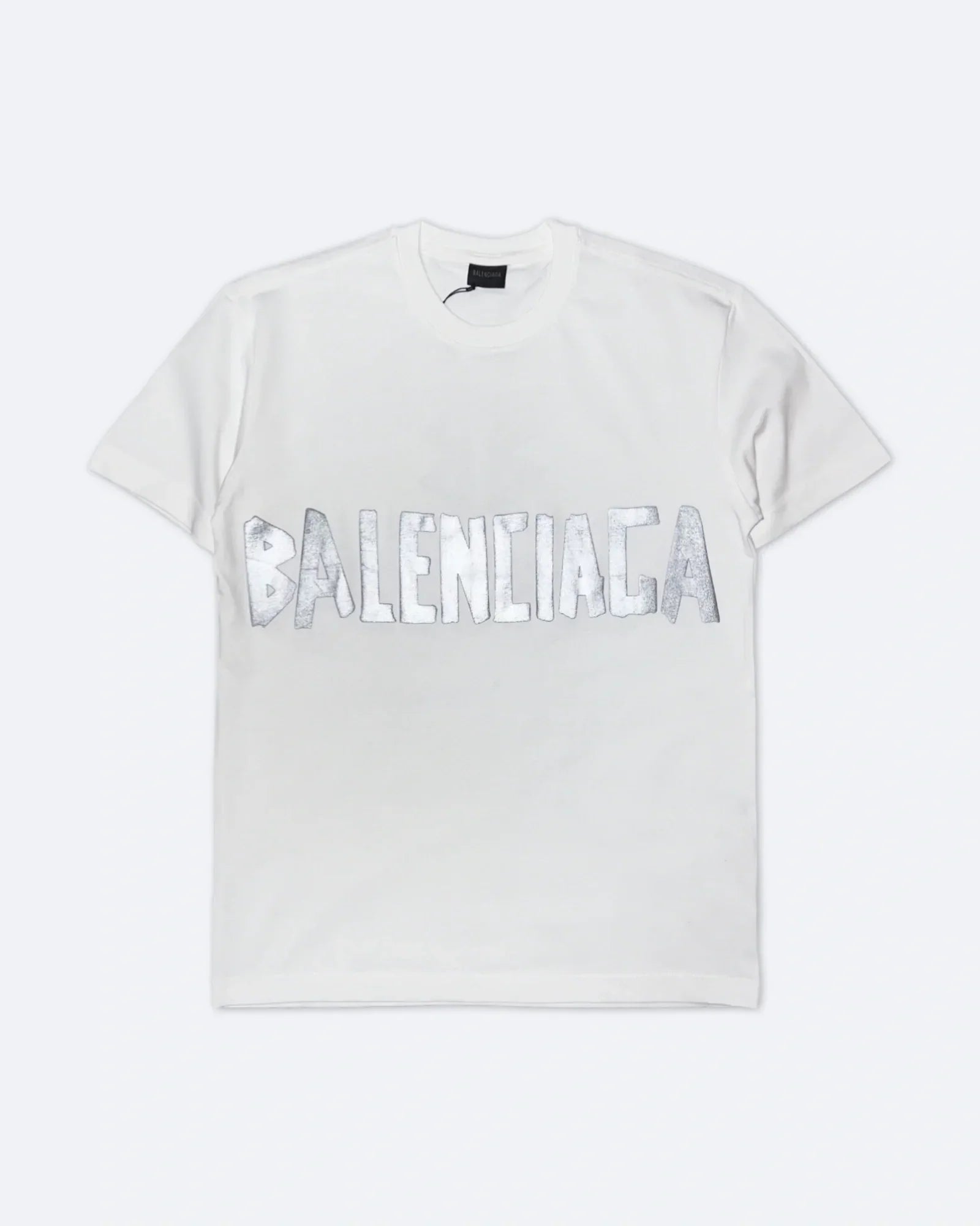 Balenciaga – stříbrné tričko s lepicí páskou – bílé