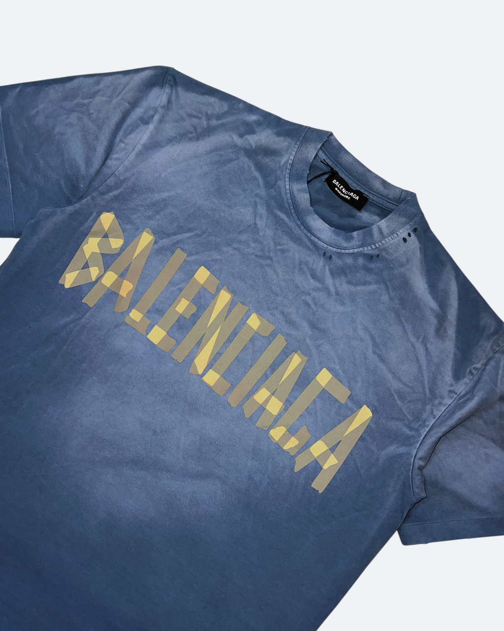 Balenciaga – Tričko Yellow Tape Distressed – sepraná modrá