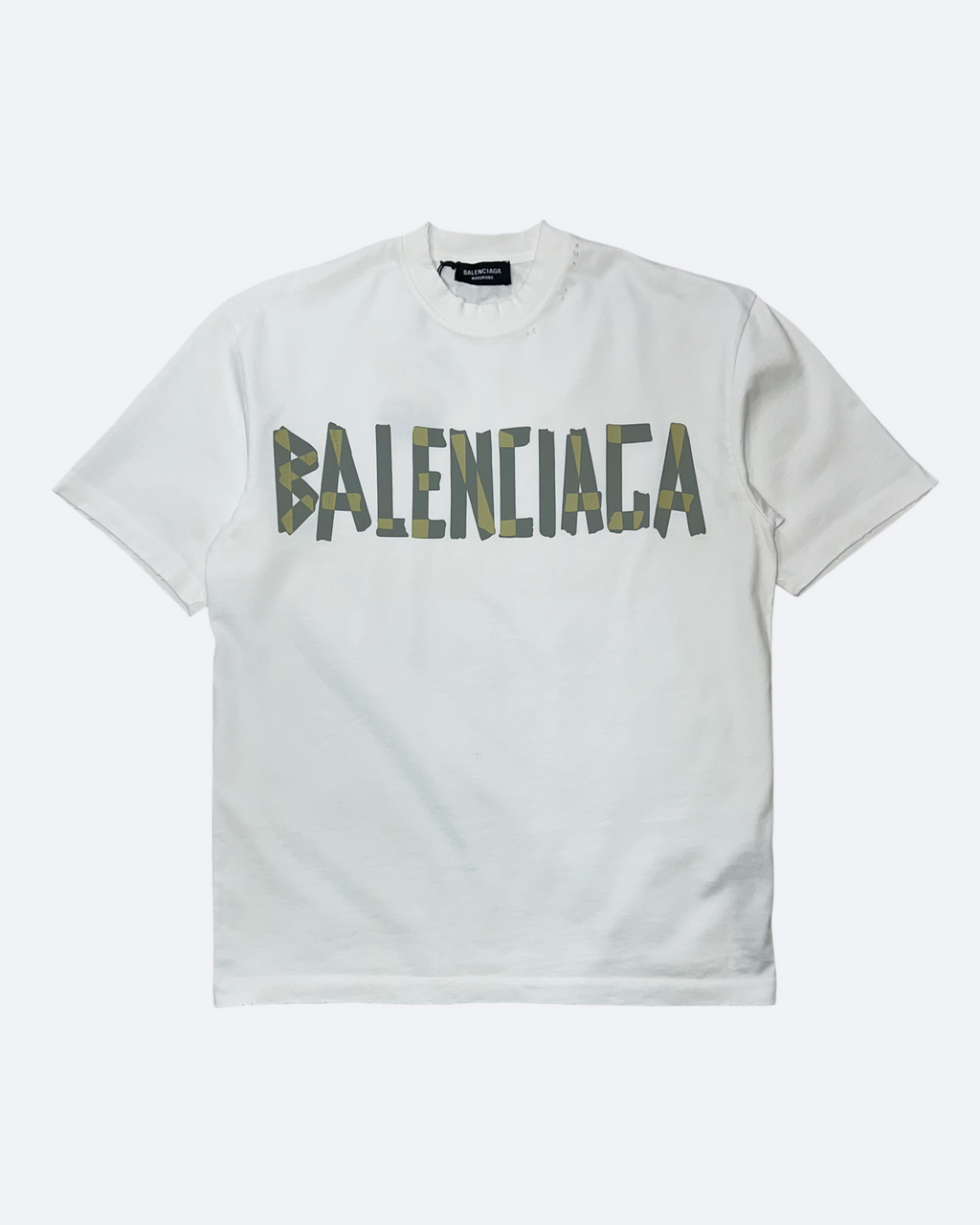 Balenciaga – Bílé seprané tričko se žlutou páskou