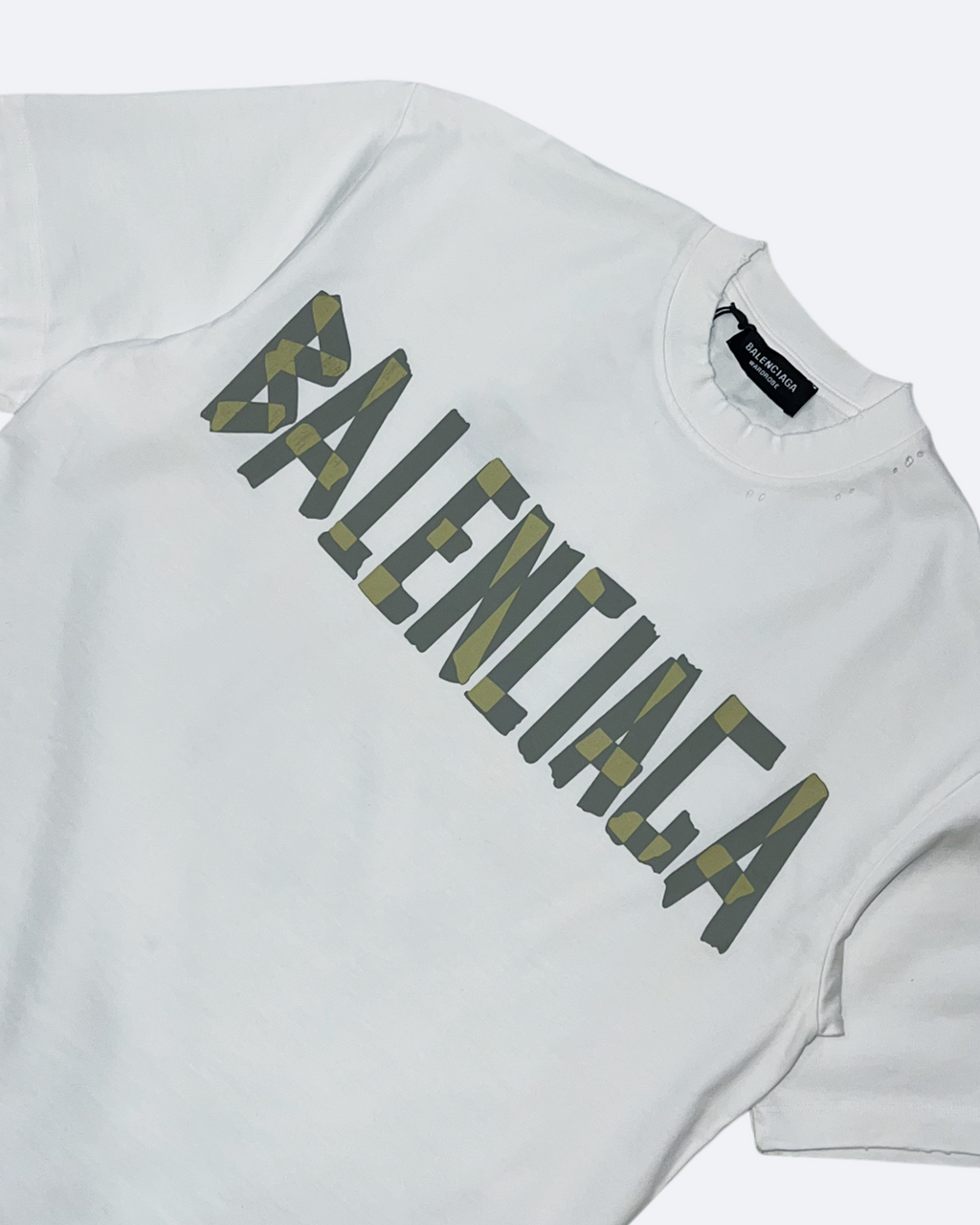 Balenciaga – Bílé seprané tričko se žlutou páskou