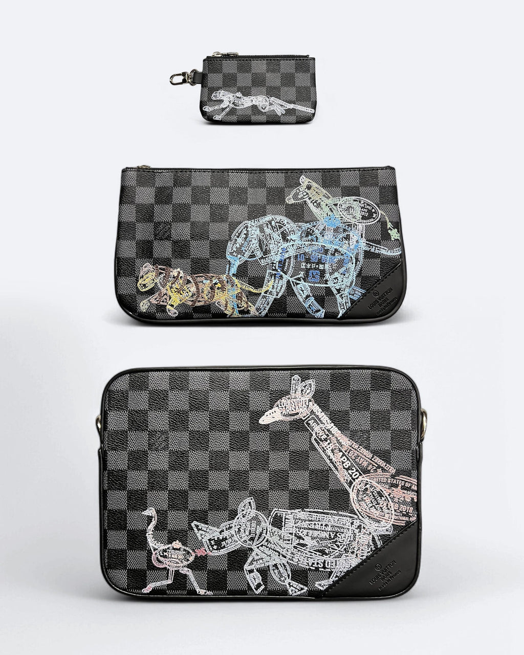 Louis Vuitton – Pasové známky se zvířaty, tašky Damier Trio – černá