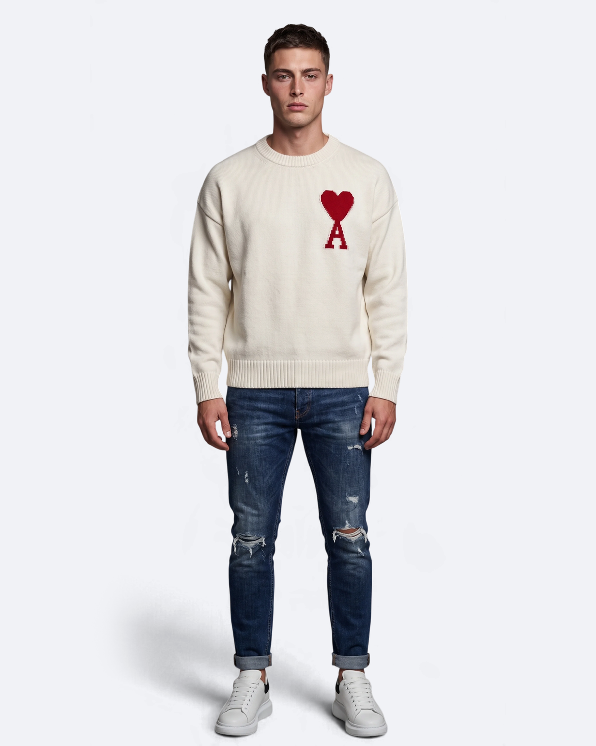 AMI - Heart Logo Knit Sweater - White
